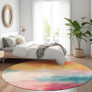 HomeRoots 5' Bold Pink, Gold & Teal Blue Abstract Area Rug – Stylish, Washable, Indoor/Outdoor Versatility! 8' Round 611278