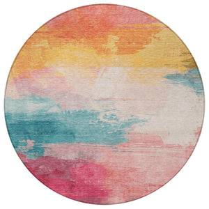 HomeRoots 5' Bold Pink, Gold & Teal Blue Abstract Area Rug – Stylish, Washable, Indoor/Outdoor Versatility! 8' Round 611278