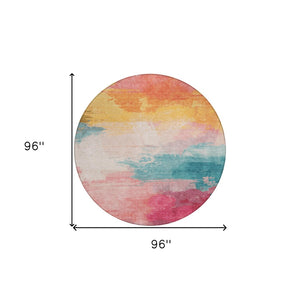 HomeRoots 5' Bold Pink, Gold & Teal Blue Abstract Area Rug – Stylish, Washable, Indoor/Outdoor Versatility! 8' Round 611278