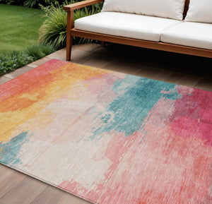 HomeRoots 5' Bold Pink, Gold & Teal Blue Abstract Area Rug – Stylish, Washable, Indoor/Outdoor Versatility! 8' X 10' 611279