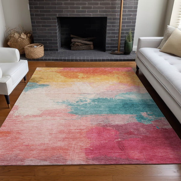 HomeRoots 5' Bold Pink, Gold & Teal Blue Abstract Area Rug – Stylish, Washable, Indoor/Outdoor Versatility! 8' X 10' 611279