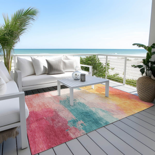 HomeRoots 5' Bold Pink, Gold & Teal Blue Abstract Area Rug – Stylish, Washable, Indoor/Outdoor Versatility! 9' X 12' 611280