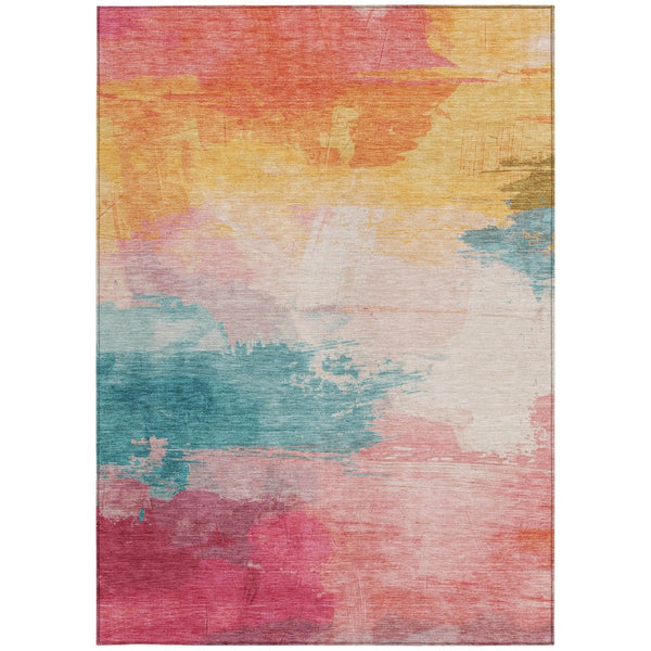 HomeRoots 5' Bold Pink, Gold & Teal Blue Abstract Area Rug – Stylish, Washable, Indoor/Outdoor Versatility! 10' X 14' 611281
