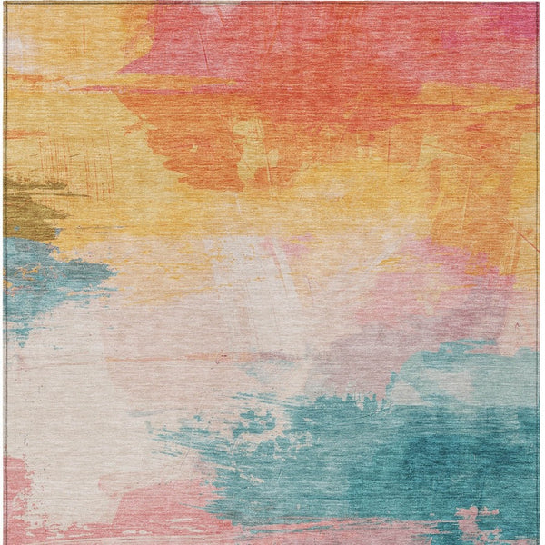 HomeRoots 5' Bold Pink, Gold & Teal Blue Abstract Area Rug – Stylish, Washable, Indoor/Outdoor Versatility! 10' X 14' 611281