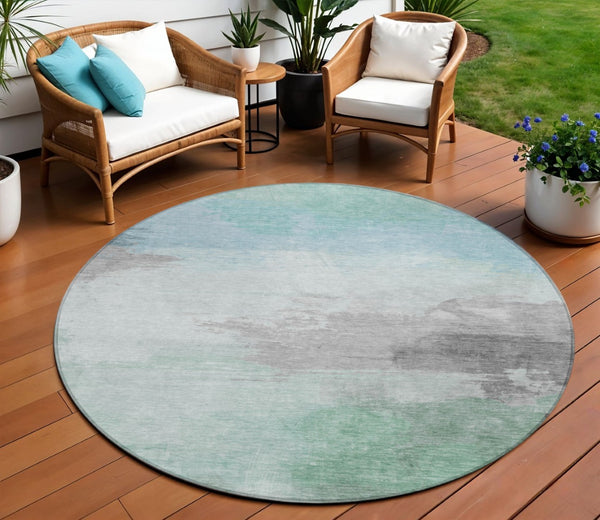 HomeRoots 5' Abstract Blue and Mint Green Area Rug - Stylish, Washable, Durable for Indoor and Outdoor Use 8' Round 611284