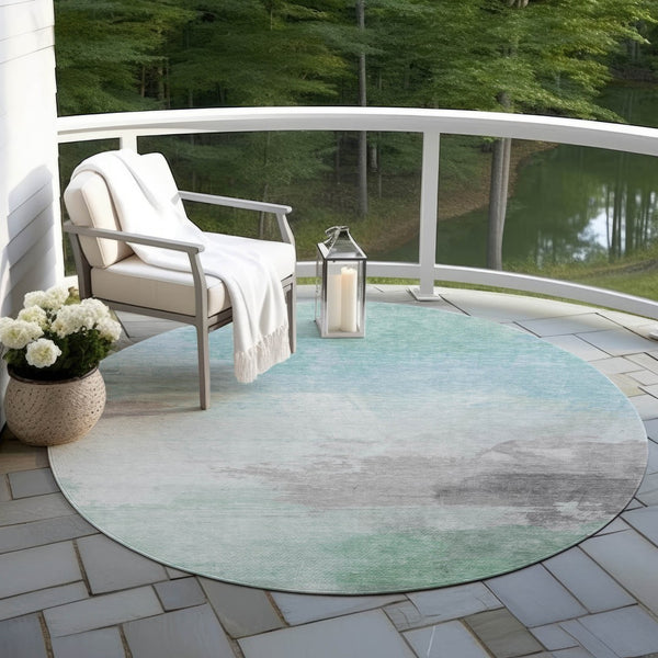 HomeRoots 5' Abstract Blue and Mint Green Area Rug - Stylish, Washable, Durable for Indoor and Outdoor Use 8' Round 611284