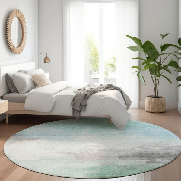 HomeRoots 5' Abstract Blue and Mint Green Area Rug - Stylish, Washable, Durable for Indoor and Outdoor Use 8' Round 611284