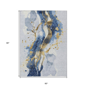 HomeRoots 5' Blue and Gold Abstract Area Rug – Durable, Stain-Resistant, Washable Design for Indoor and Outdoor Use 5' X 8' 611301