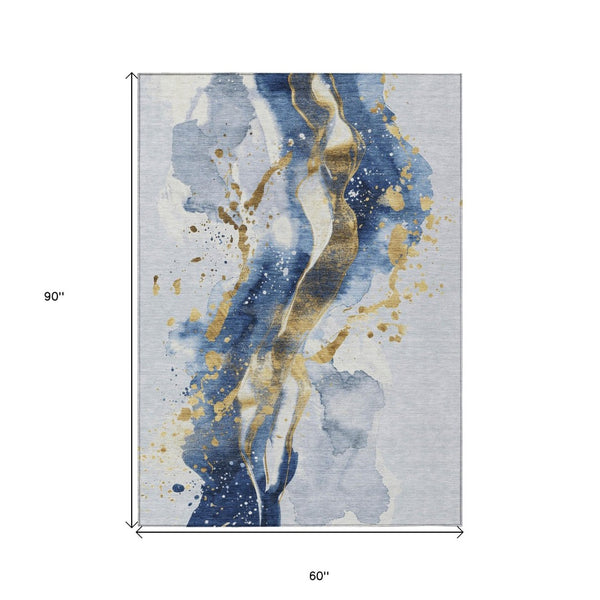 HomeRoots 5' Blue and Gold Abstract Area Rug – Durable, Stain-Resistant, Washable Design for Indoor and Outdoor Use 5' X 8' 611301