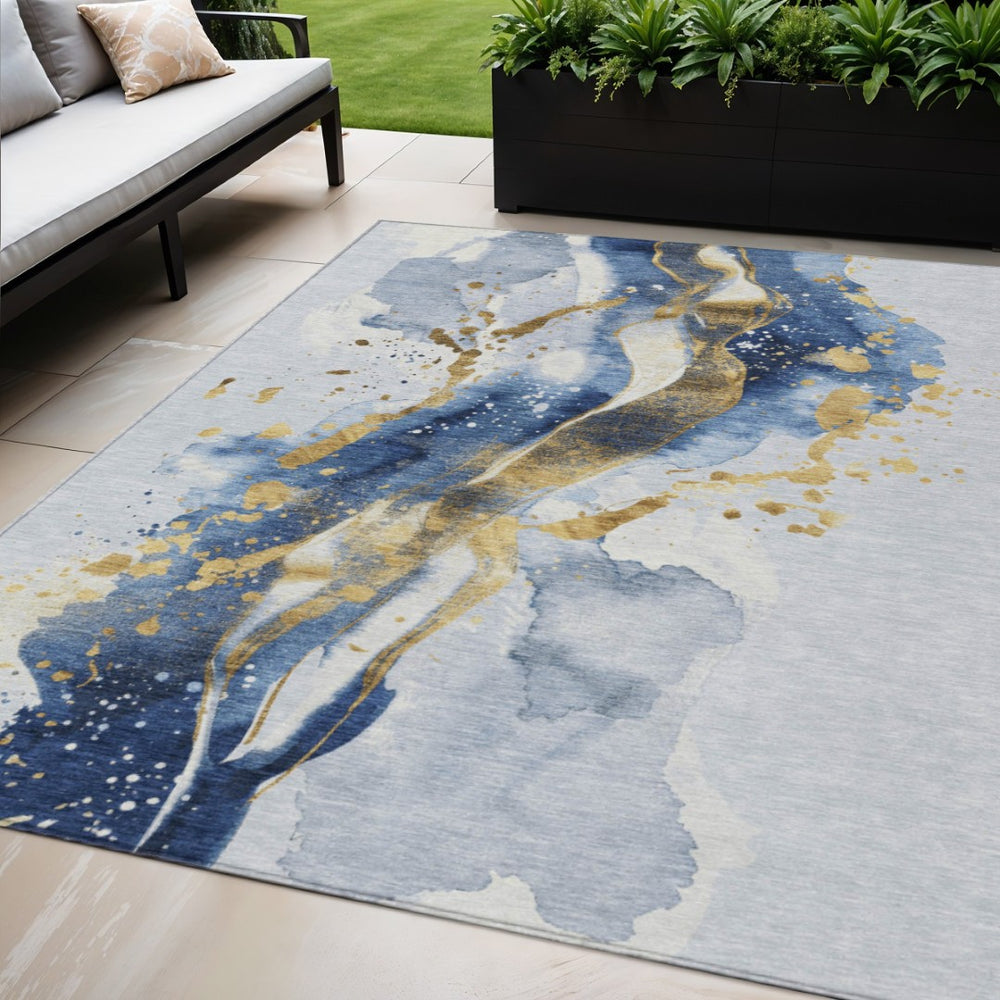 HomeRoots 5' Blue and Gold Abstract Area Rug – Durable, Stain-Resistant, Washable Design for Indoor and Outdoor Use 5' X 8' 611301