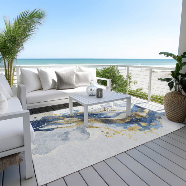 HomeRoots 5' Blue and Gold Abstract Area Rug – Durable, Stain-Resistant, Washable Design for Indoor and Outdoor Use 5' X 8' 611301