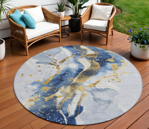 HomeRoots 5' Blue and Gold Abstract Area Rug – Durable, Stain-Resistant, Washable Design for Indoor and Outdoor Use 8' Round 611302