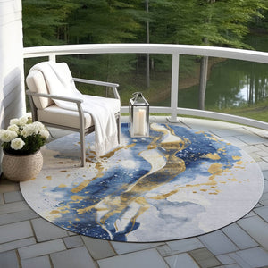 HomeRoots 5' Blue and Gold Abstract Area Rug – Durable, Stain-Resistant, Washable Design for Indoor and Outdoor Use 8' Round 611302