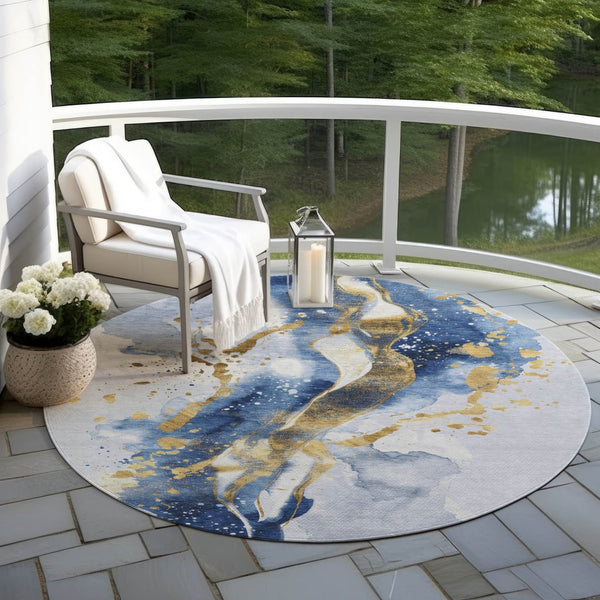 HomeRoots 5' Blue and Gold Abstract Area Rug – Durable, Stain-Resistant, Washable Design for Indoor and Outdoor Use 8' Round 611302