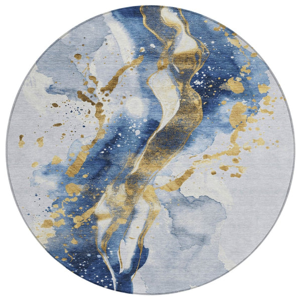 HomeRoots 5' Blue and Gold Abstract Area Rug – Durable, Stain-Resistant, Washable Design for Indoor and Outdoor Use 8' Round 611302