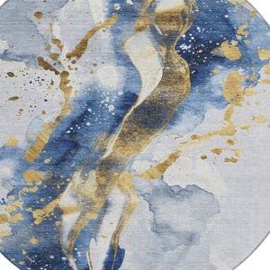 HomeRoots 5' Blue and Gold Abstract Area Rug – Durable, Stain-Resistant, Washable Design for Indoor and Outdoor Use 8' Round 611302