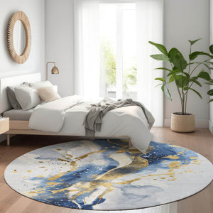 HomeRoots 5' Blue and Gold Abstract Area Rug – Durable, Stain-Resistant, Washable Design for Indoor and Outdoor Use 8' Round 611302