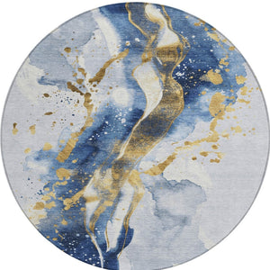 HomeRoots 5' Blue and Gold Abstract Area Rug – Durable, Stain-Resistant, Washable Design for Indoor and Outdoor Use 8' Round 611302