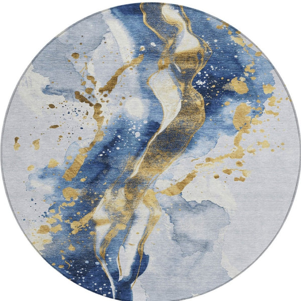 HomeRoots 5' Blue and Gold Abstract Area Rug – Durable, Stain-Resistant, Washable Design for Indoor and Outdoor Use 8' Round 611302
