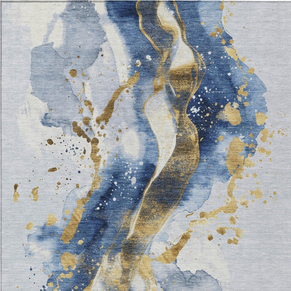 HomeRoots 5' Blue and Gold Abstract Area Rug – Durable, Stain-Resistant, Washable Design for Indoor and Outdoor Use 9' X 12' 611304