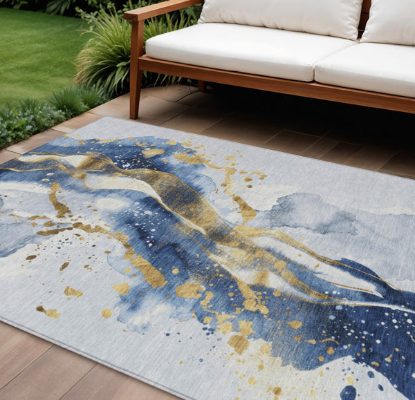 HomeRoots 5' Blue and Gold Abstract Area Rug – Durable, Stain-Resistant, Washable Design for Indoor and Outdoor Use 9' X 12' 611304
