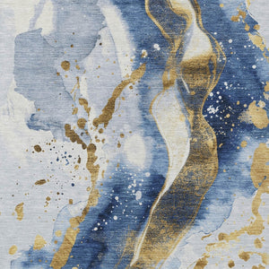 HomeRoots 5' Blue and Gold Abstract Area Rug – Durable, Stain-Resistant, Washable Design for Indoor and Outdoor Use 10' X 14' 611305