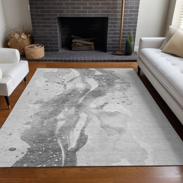 HomeRoots 5' Gray and Silver Abstract Area Rug - Versatile Washable Design for Indoor and Outdoor Spaces 5' X 8' 611307