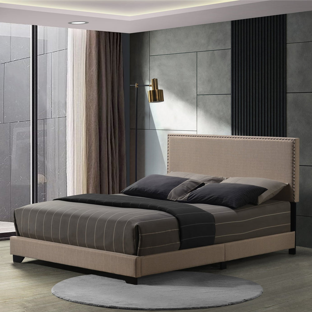 English Elm Beige Plush Upholstered Panel Bed with Nailhead Trim, Cozy Queen Headboard, Durable Wood Legs (96) B062P181283