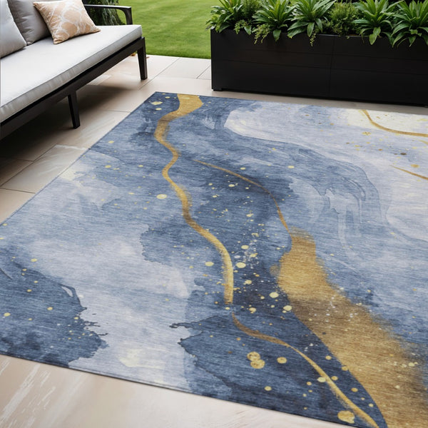 HomeRoots 5' Blue and Gold Abstract Washable Area Rug - Stylish, Durable Design for Indoor and Outdoor Spaces 5' X 8' 611332