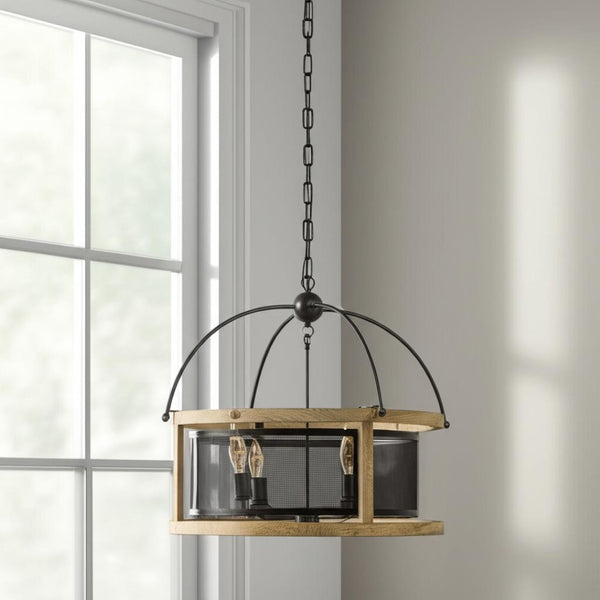 HomeRoots Black Caged Three-Light Metal Chandelier – Adjustable Dimmable Fixture for Modern Industrial Spaces 611333