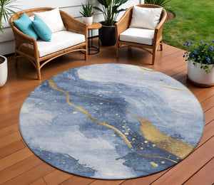 HomeRoots 5' Blue and Gold Abstract Washable Area Rug - Stylish, Durable Design for Indoor and Outdoor Spaces 8' Round 611334
