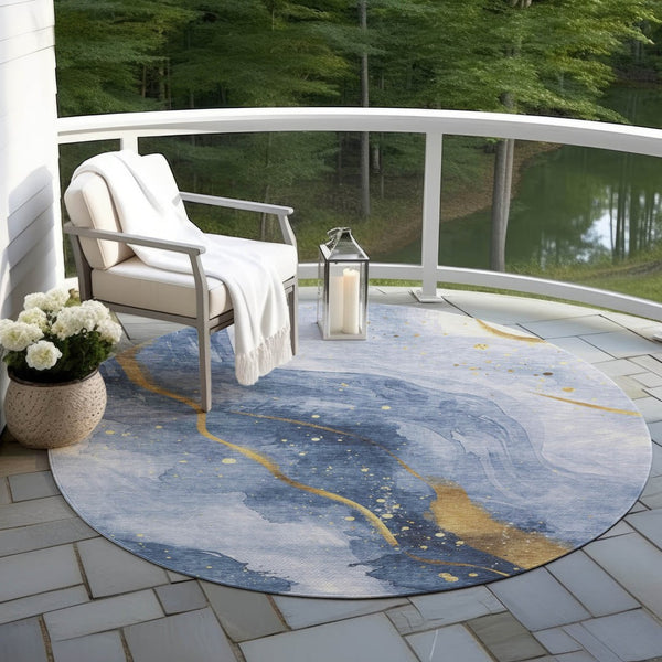 HomeRoots 5' Blue and Gold Abstract Washable Area Rug - Stylish, Durable Design for Indoor and Outdoor Spaces 8' Round 611334