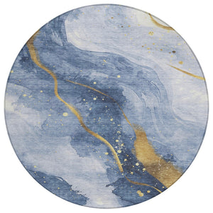 HomeRoots 5' Blue and Gold Abstract Washable Area Rug - Stylish, Durable Design for Indoor and Outdoor Spaces 8' Round 611334