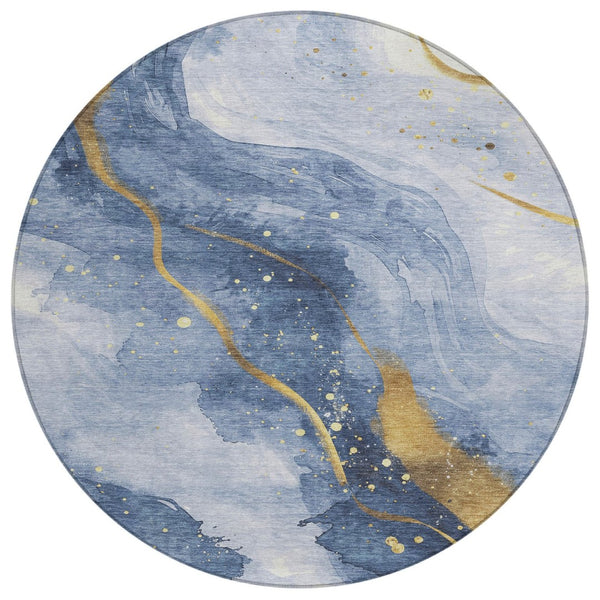 HomeRoots 5' Blue and Gold Abstract Washable Area Rug - Stylish, Durable Design for Indoor and Outdoor Spaces 8' Round 611334