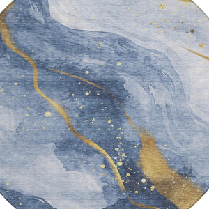 HomeRoots 5' Blue and Gold Abstract Washable Area Rug - Stylish, Durable Design for Indoor and Outdoor Spaces 8' Round 611334
