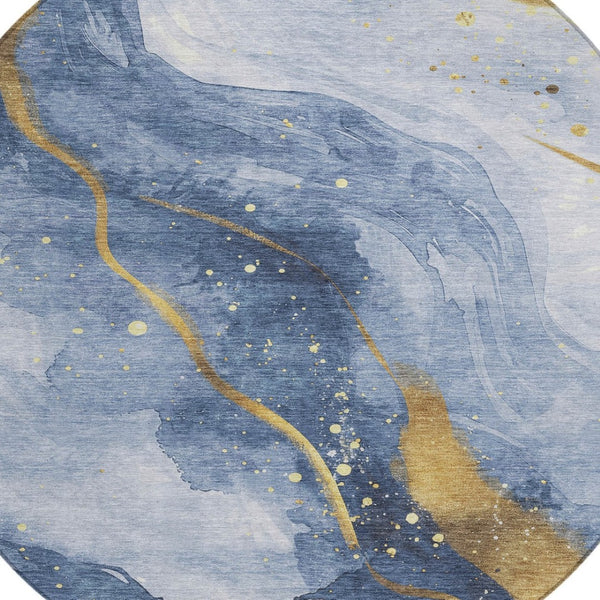 HomeRoots 5' Blue and Gold Abstract Washable Area Rug - Stylish, Durable Design for Indoor and Outdoor Spaces 8' Round 611334