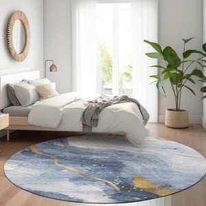 HomeRoots 5' Blue and Gold Abstract Washable Area Rug - Stylish, Durable Design for Indoor and Outdoor Spaces 8' Round 611334