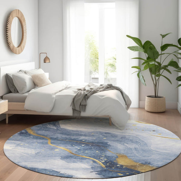 HomeRoots 5' Blue and Gold Abstract Washable Area Rug - Stylish, Durable Design for Indoor and Outdoor Spaces 8' Round 611334
