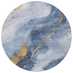 HomeRoots 5' Blue and Gold Abstract Washable Area Rug - Stylish, Durable Design for Indoor and Outdoor Spaces 8' Round 611334