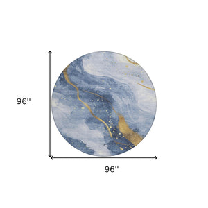 HomeRoots 5' Blue and Gold Abstract Washable Area Rug - Stylish, Durable Design for Indoor and Outdoor Spaces 8' Round 611334
