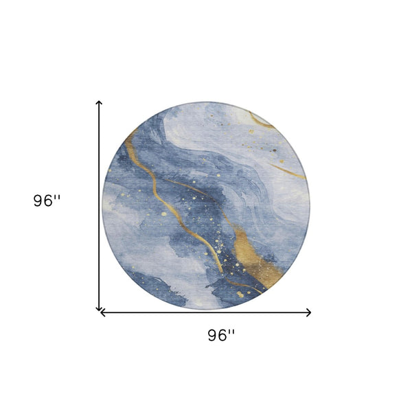 HomeRoots 5' Blue and Gold Abstract Washable Area Rug - Stylish, Durable Design for Indoor and Outdoor Spaces 8' Round 611334