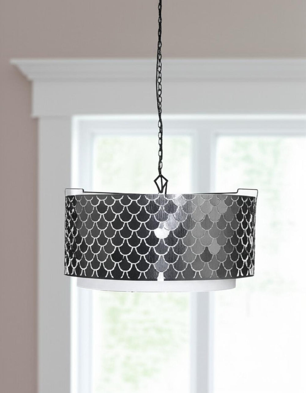 HomeRoots Charcoal Modern Drum Metal Chandelier with Adjustable Hanging, Black Shades, Dimmable Lighting Options 611335
