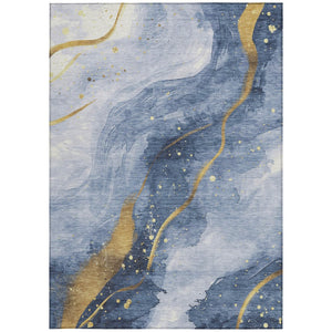 HomeRoots 5' Blue and Gold Abstract Washable Area Rug - Stylish, Durable Design for Indoor and Outdoor Spaces 8' X 10' 611336