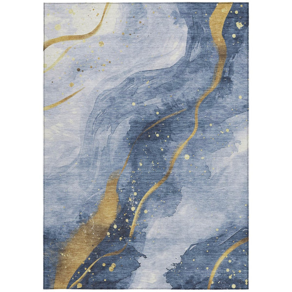 HomeRoots 5' Blue and Gold Abstract Washable Area Rug - Stylish, Durable Design for Indoor and Outdoor Spaces 8' X 10' 611336