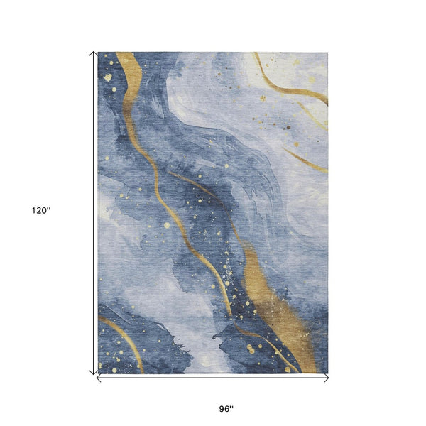 HomeRoots 5' Blue and Gold Abstract Washable Area Rug - Stylish, Durable Design for Indoor and Outdoor Spaces 8' X 10' 611336