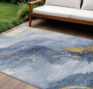 HomeRoots 5' Blue and Gold Abstract Washable Area Rug - Stylish, Durable Design for Indoor and Outdoor Spaces 9' X 12' 611338