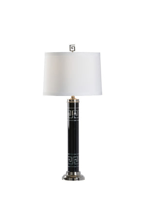 Wildwood Diocletian Black Glass Table Lamp With Greek Key Etching, Polished Nickel Base, Silk Shade, 32" 61134