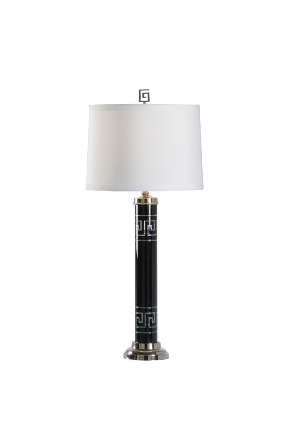 Wildwood Diocletian Black Glass Table Lamp With Greek Key Etching, Polished Nickel Base, Silk Shade, 32" 61134
