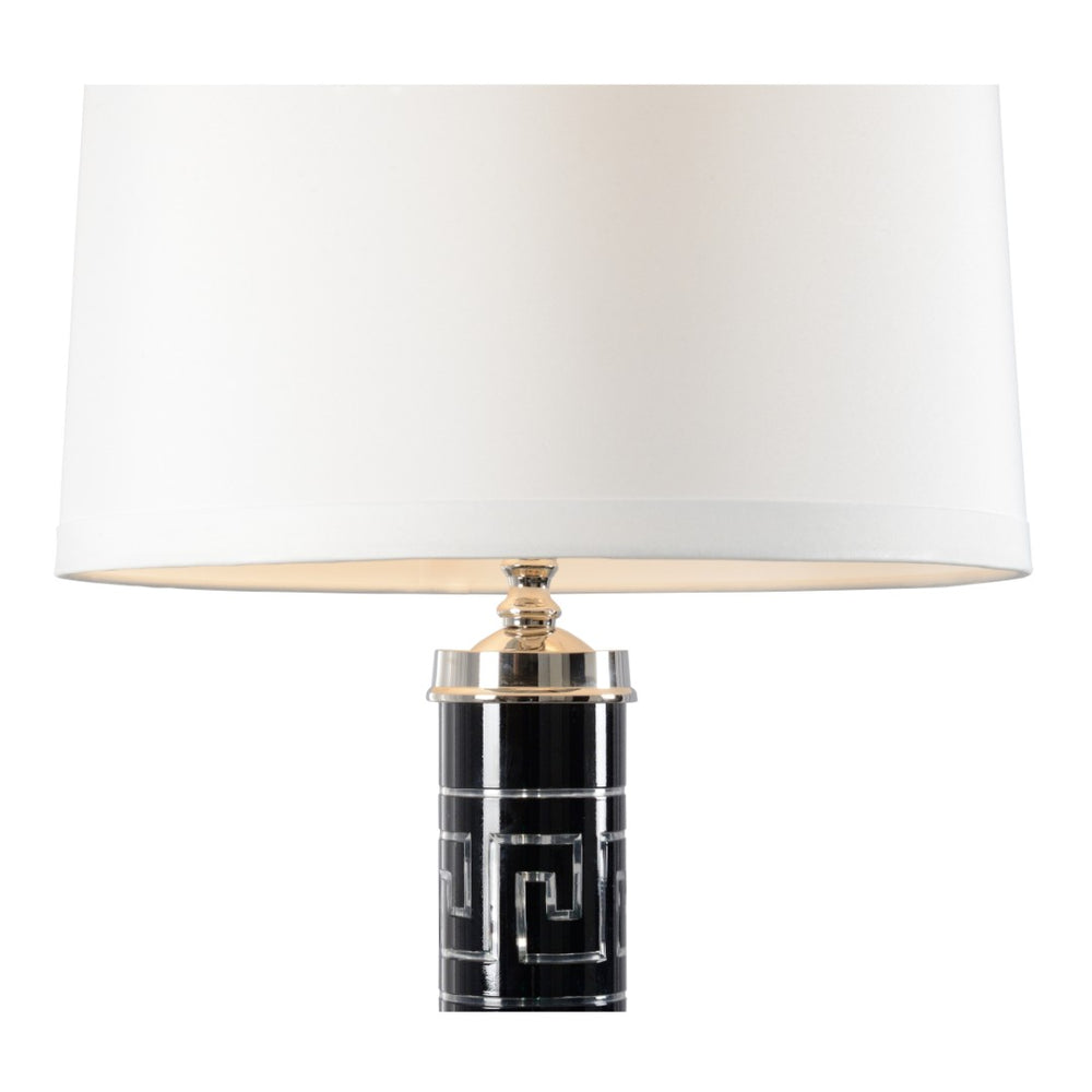 Wildwood Diocletian Black Glass Table Lamp With Greek Key Etching, Polished Nickel Base, Silk Shade, 32" 61134