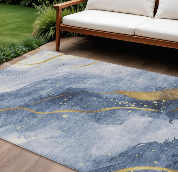 HomeRoots 5' Blue and Gold Abstract Washable Area Rug - Stylish, Durable Design for Indoor and Outdoor Spaces 10' X 14' 611340